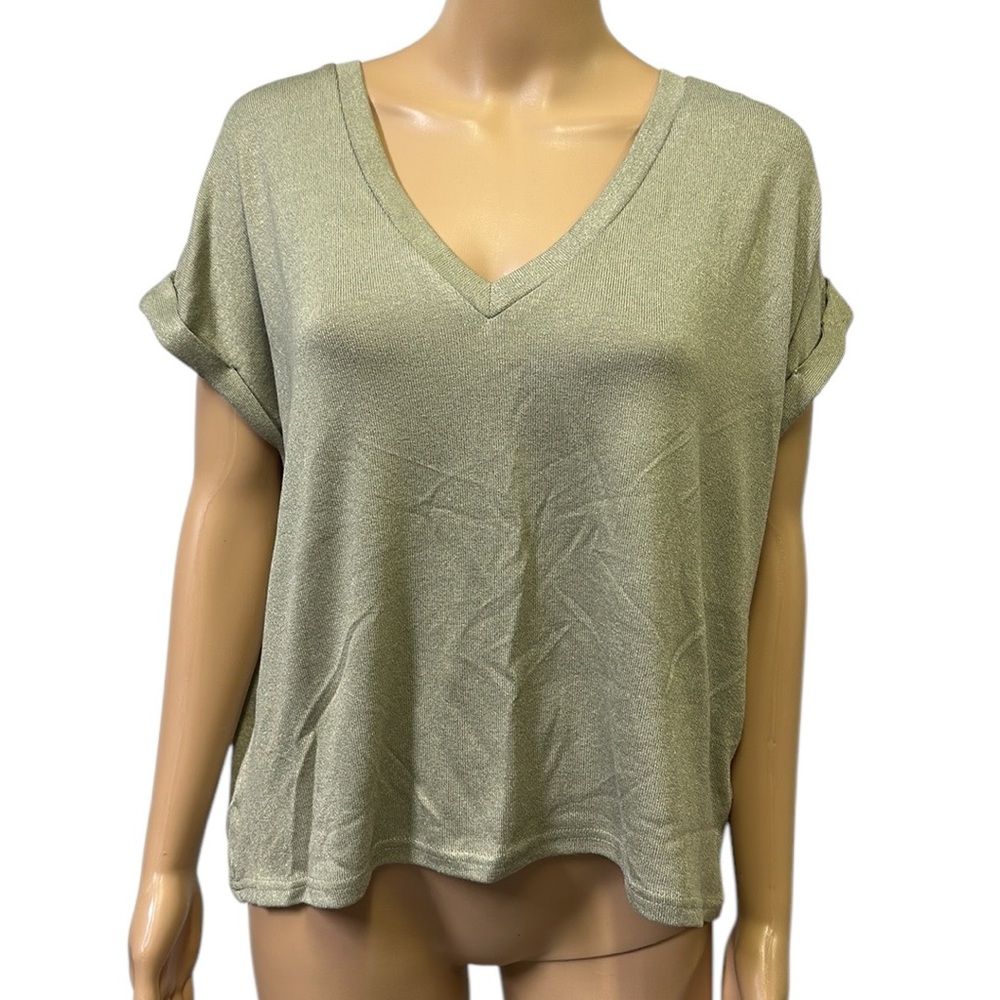 Mod Ref Green Short Rolled Cuff Cap Sleeve V Neck Knit Top Womens Small